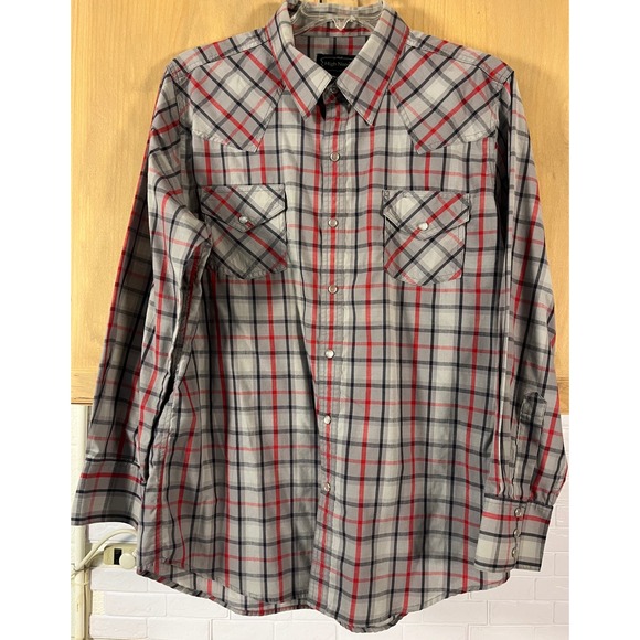 High Noon Other - High Noon Western Shirt‎ Mens Large Gray Red Plaid Pearl Snap Long Sleeve